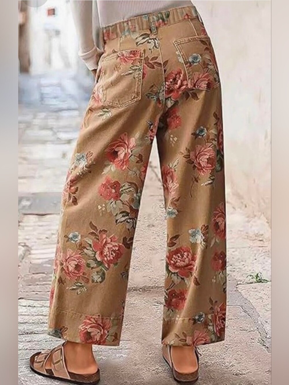 Loveimgs Khaki Floral Wide-Leg Baggy Mid-Rise Jeans - Picture 7 of 12